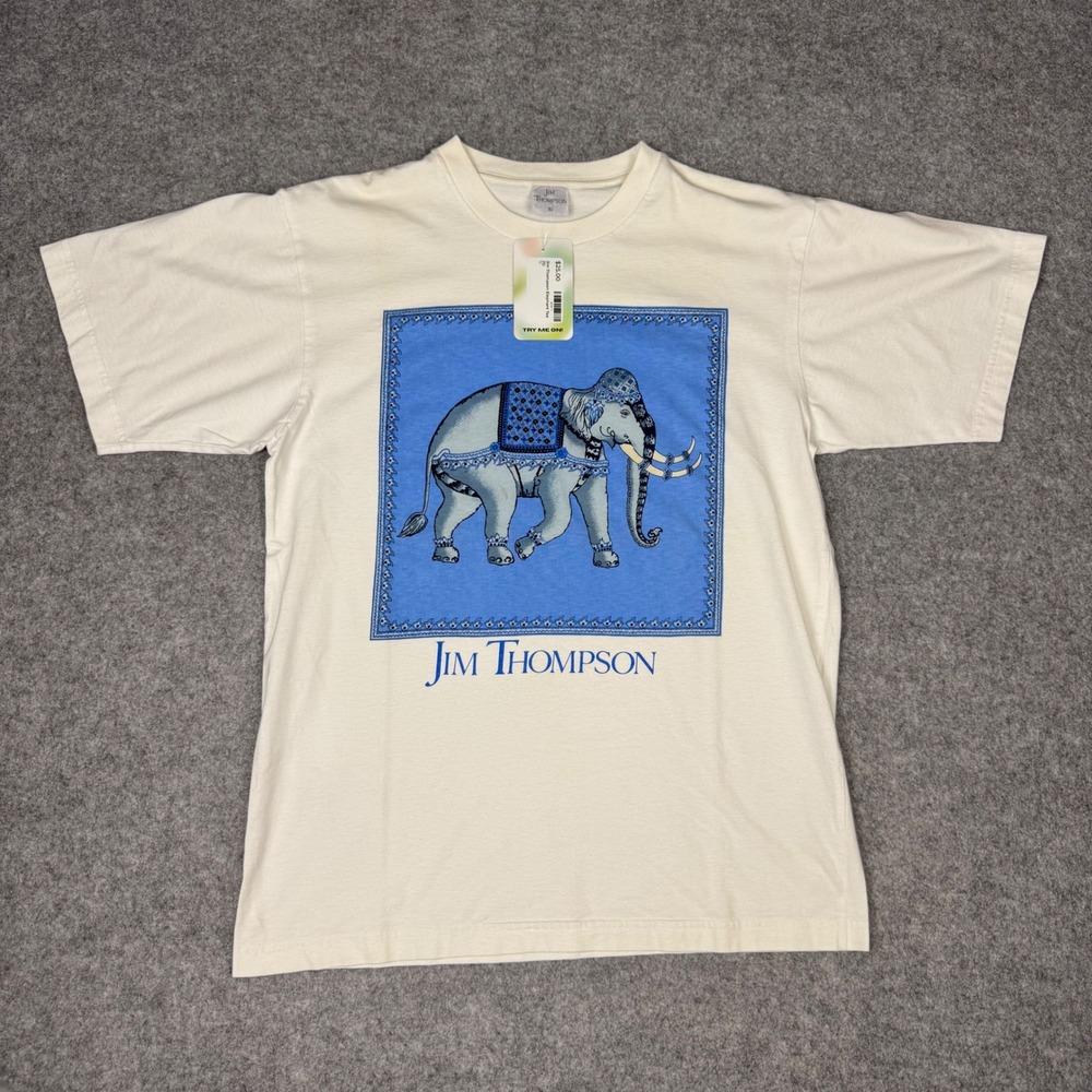 Jim‎ Thompson Elephant Graphic Tee Mens Small Cream Blue Thai Art T-Shirt NWT